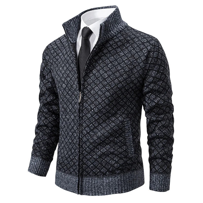 2025 Men's Casual High Collar Long Sleeve Knitted Top with Velvet Warmth for Autumn and Winter Fashion Multi Functional Jacket