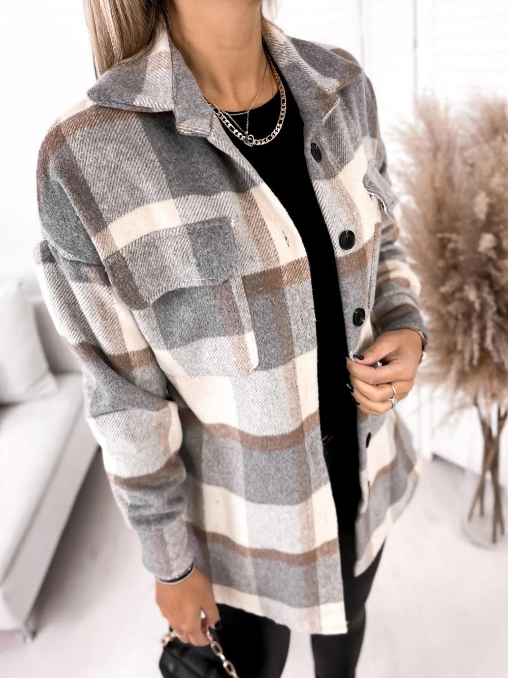 Women's Flannel Plaid Shirt Casual Lapel Button down Long Winter Jacket Shacket