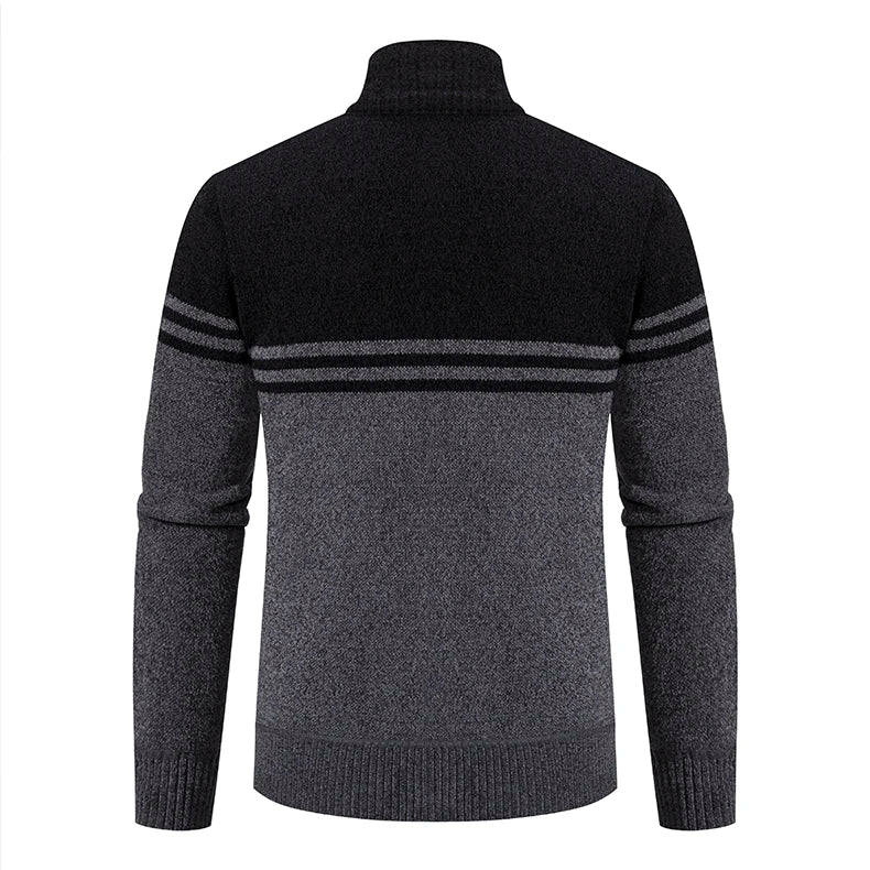 Men's New Winter Sweater Thick Fleece Warm Sweater Casual Stand Collar Zipper Cardigan Fashion Striped Coat