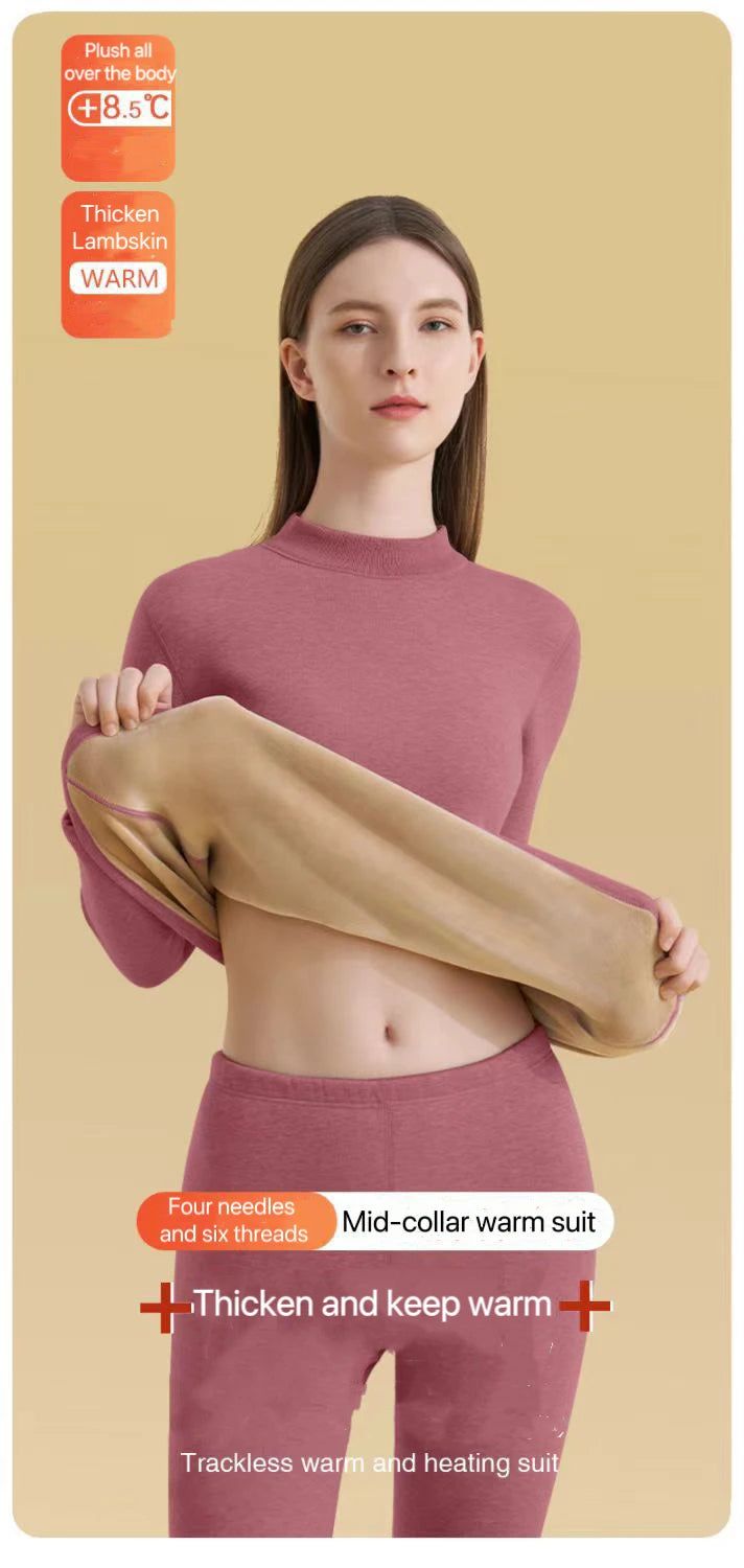 1Set Ultra Thick Thermal Underwear Women Stand Collar Seamless Warm Lingerie Winter Long Sleeve Bottoming Thermal Clothing Sets