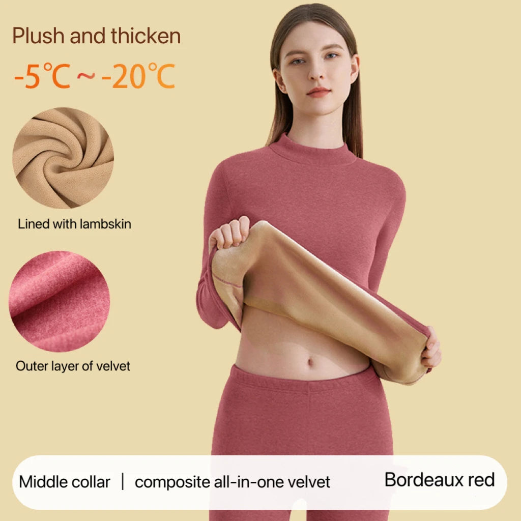 1Set Ultra Thick Thermal Underwear Women Stand Collar Seamless Warm Lingerie Winter Long Sleeve Bottoming Thermal Clothing Sets