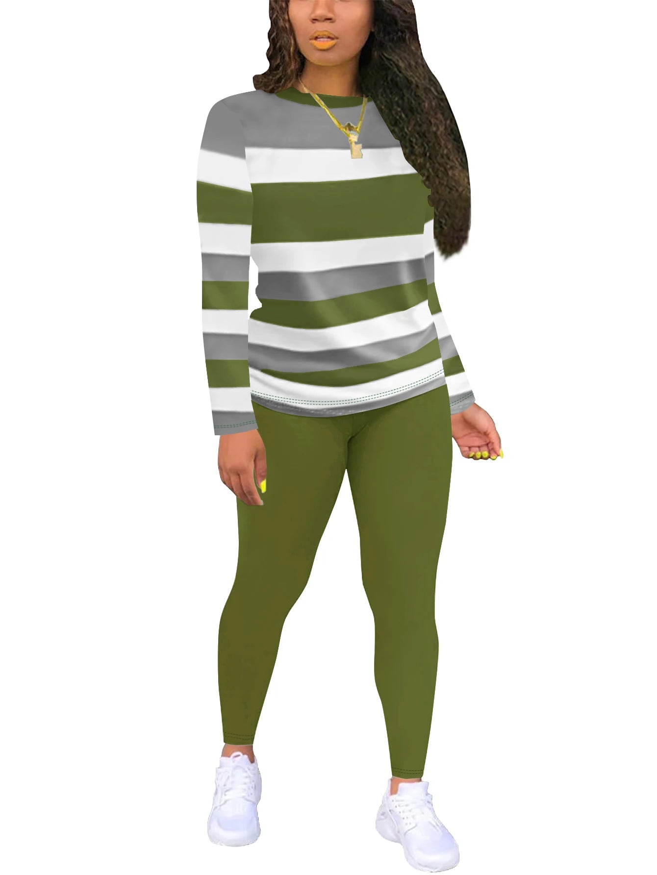 Autumn and winter women's striped round neck long sleeved T-shirt long pants two-piece sports and leisure set