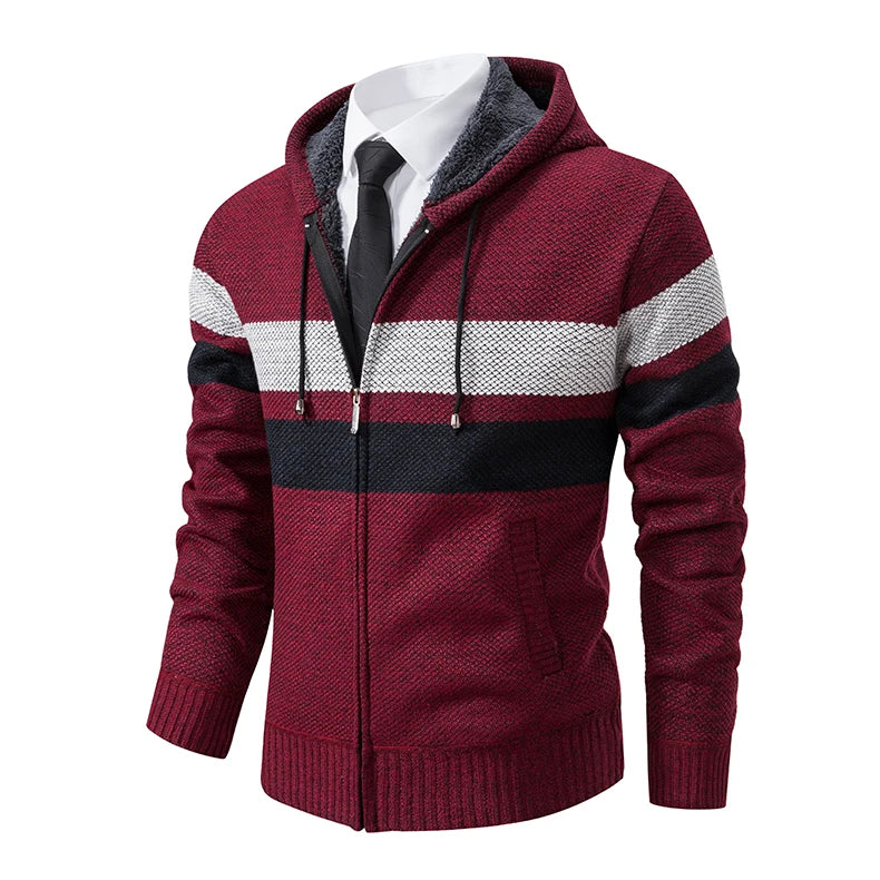 2023 New Autumn and Winter Striped Hooded Sweater Men's Coat with Velvet Padded Warm Knit Cardigan
