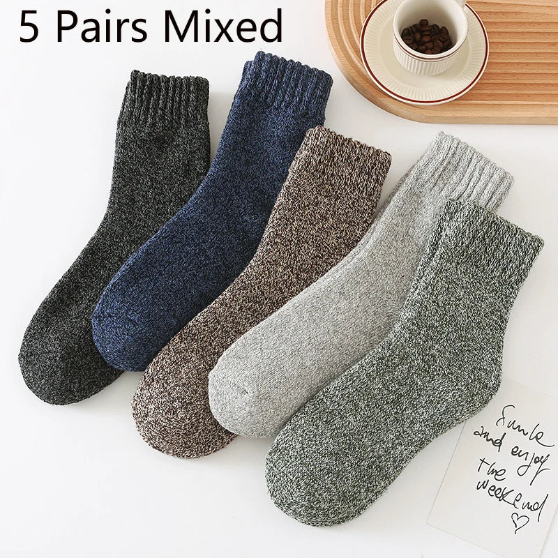 5 Pairs Winter Warm Thick Solid Woolen Socks for Men And Women Cashmere Merino Terry Anti-Cold Snow Non-Lightweight Non-Slip
