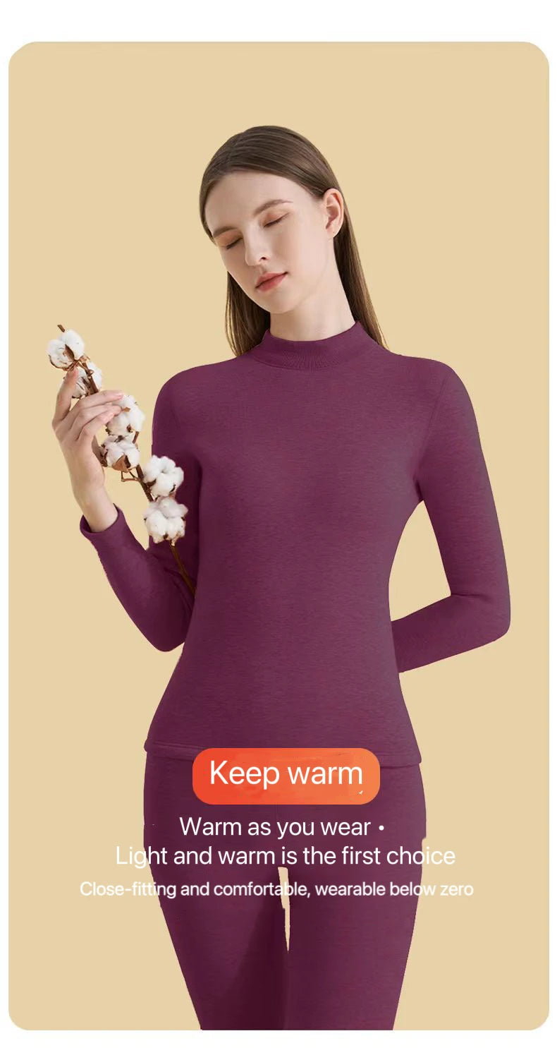 1Set Ultra Thick Thermal Underwear Women Stand Collar Seamless Warm Lingerie Winter Long Sleeve Bottoming Thermal Clothing Sets