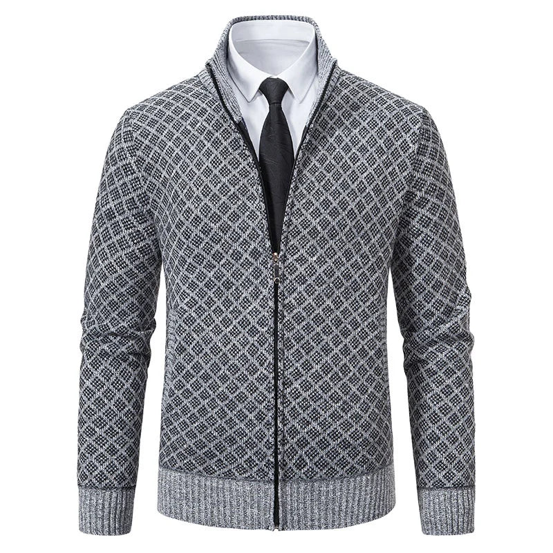 2025 Men's Casual High Collar Long Sleeve Knitted Top with Velvet Warmth for Autumn and Winter Fashion Multi Functional Jacket