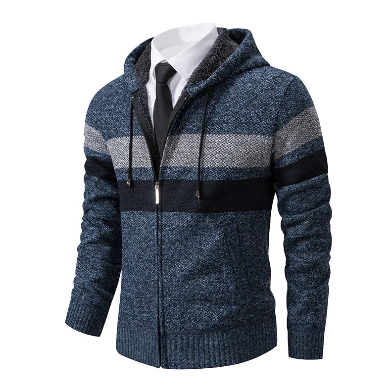 2023 New Autumn and Winter Striped Hooded Sweater Men's Coat with Velvet Padded Warm Knit Cardigan