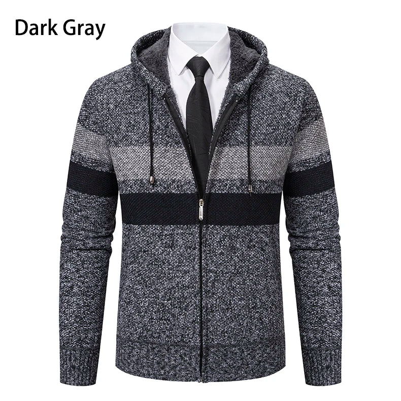 2023 New Autumn and Winter Striped Hooded Sweater Men's Coat with Velvet Padded Warm Knit Cardigan