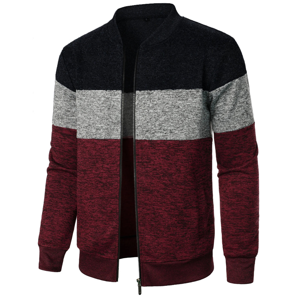 Autumn/winter men's stand-up collar striped check zipper knit top with fashion color matching