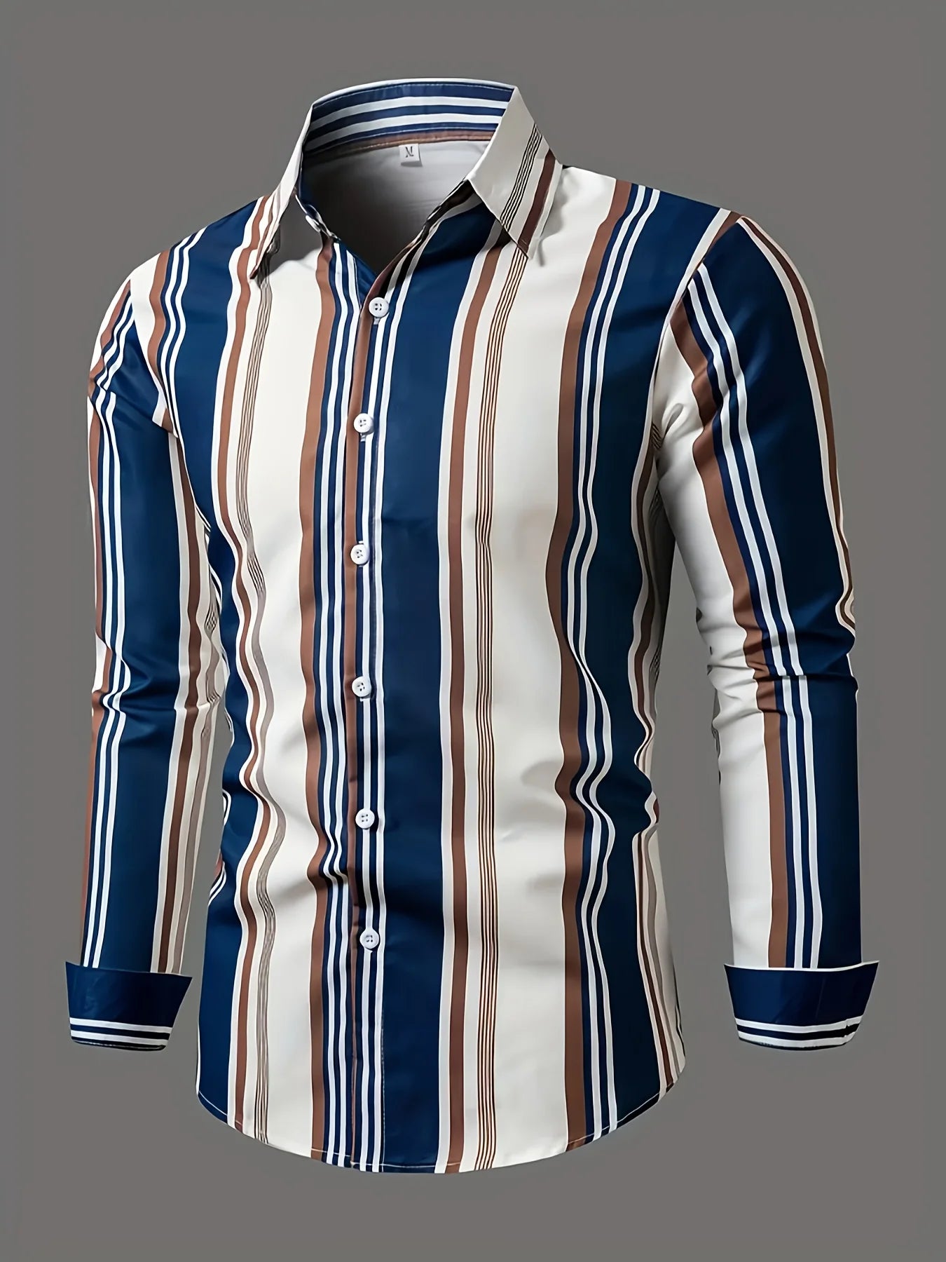 Men'S Casual Regular Fit Striped Long Sleeve Solid Color Polyester Button Lapel Shirt, Woven,Non-Stretch Fabric