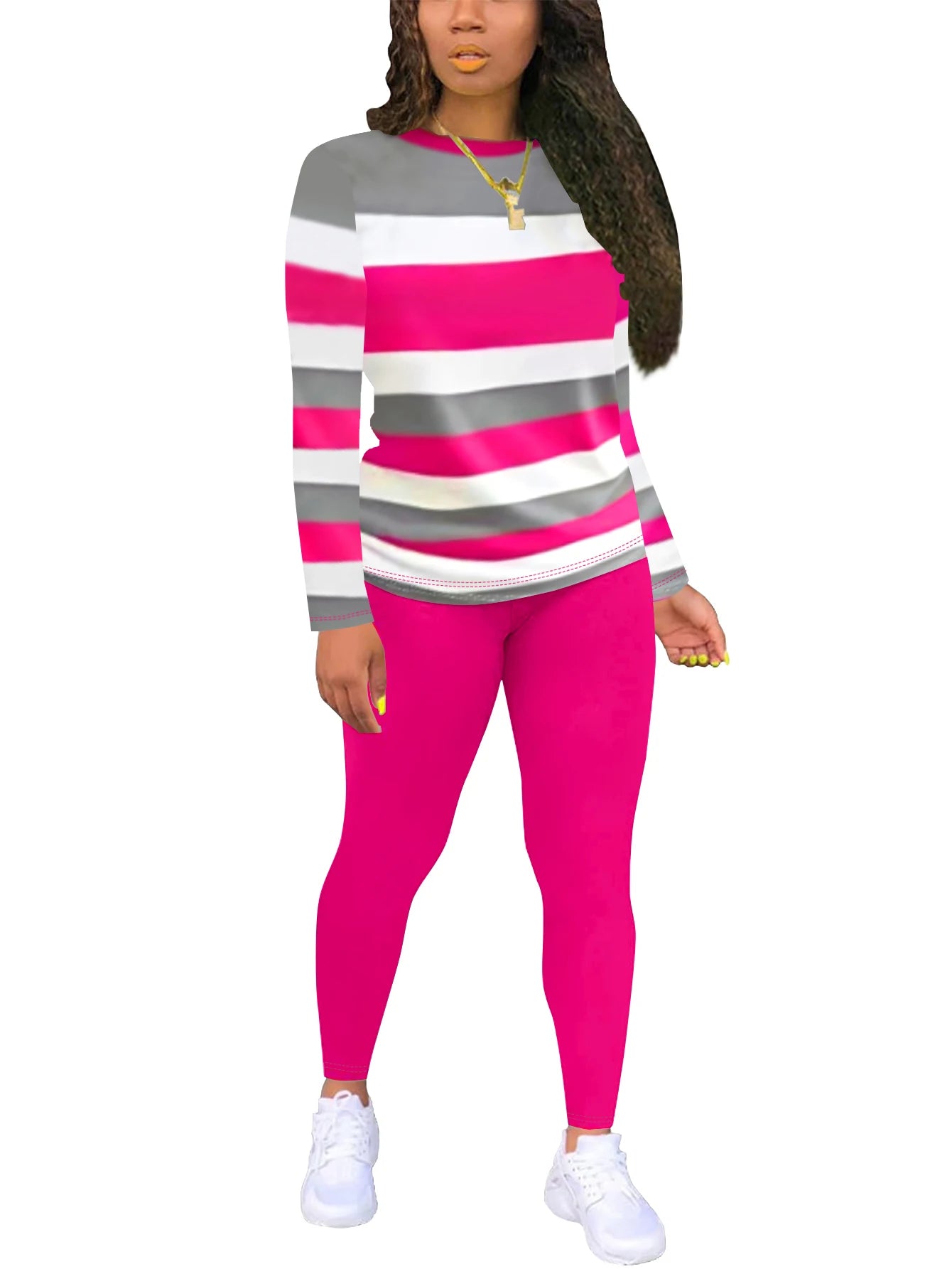 Autumn and winter women's striped round neck long sleeved T-shirt long pants two-piece sports and leisure set