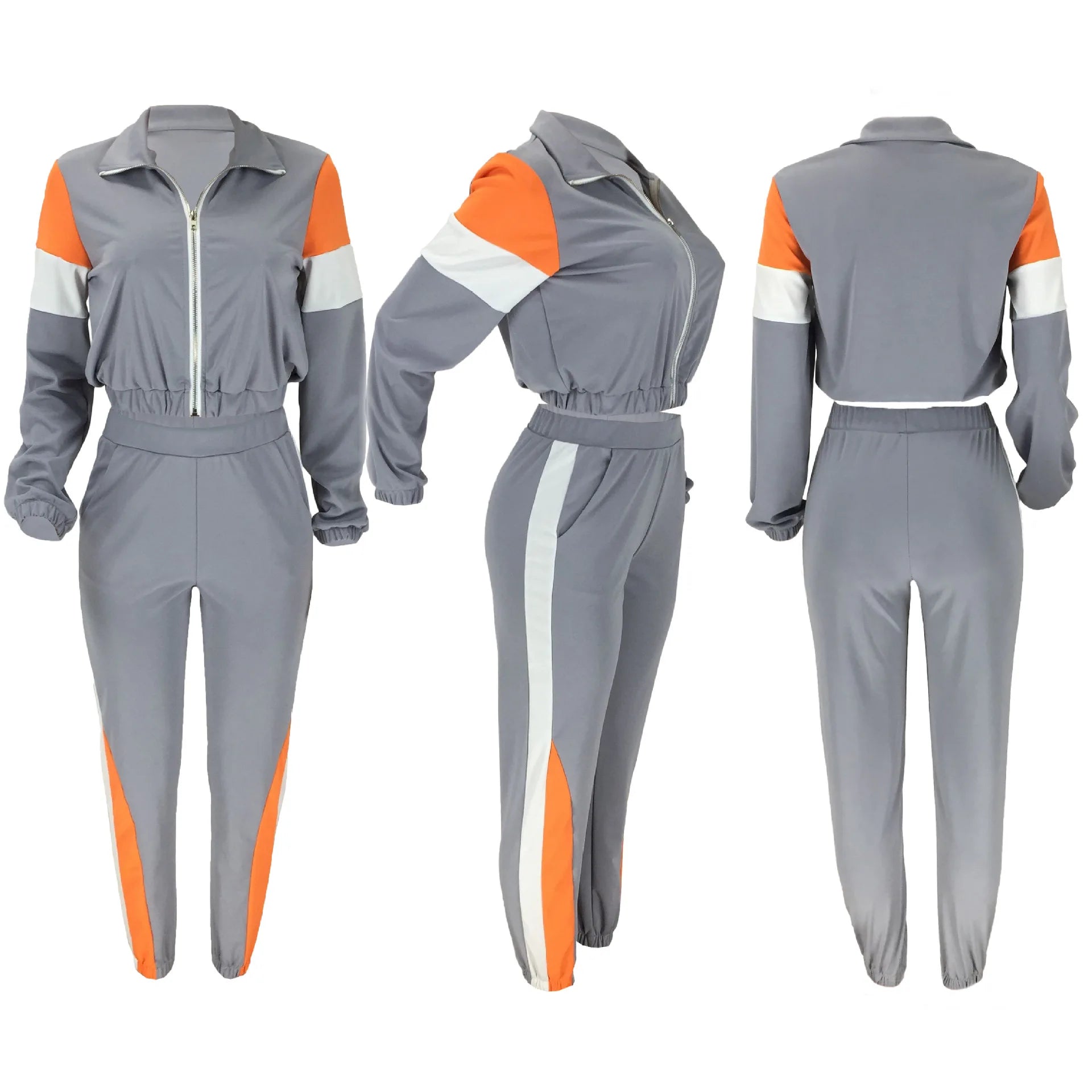 2019 Women Colorful Patchwork Zipper Up Jackets Pencil Pants Suits Sporty Two Piece Tracksuit Outfit Casual