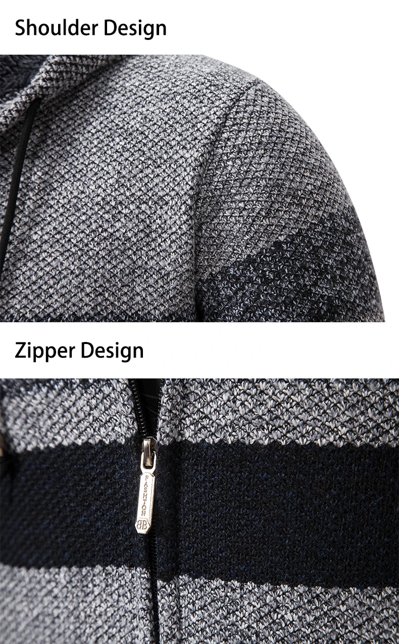 2023 New Autumn and Winter Striped Hooded Sweater Men's Coat with Velvet Padded Warm Knit Cardigan