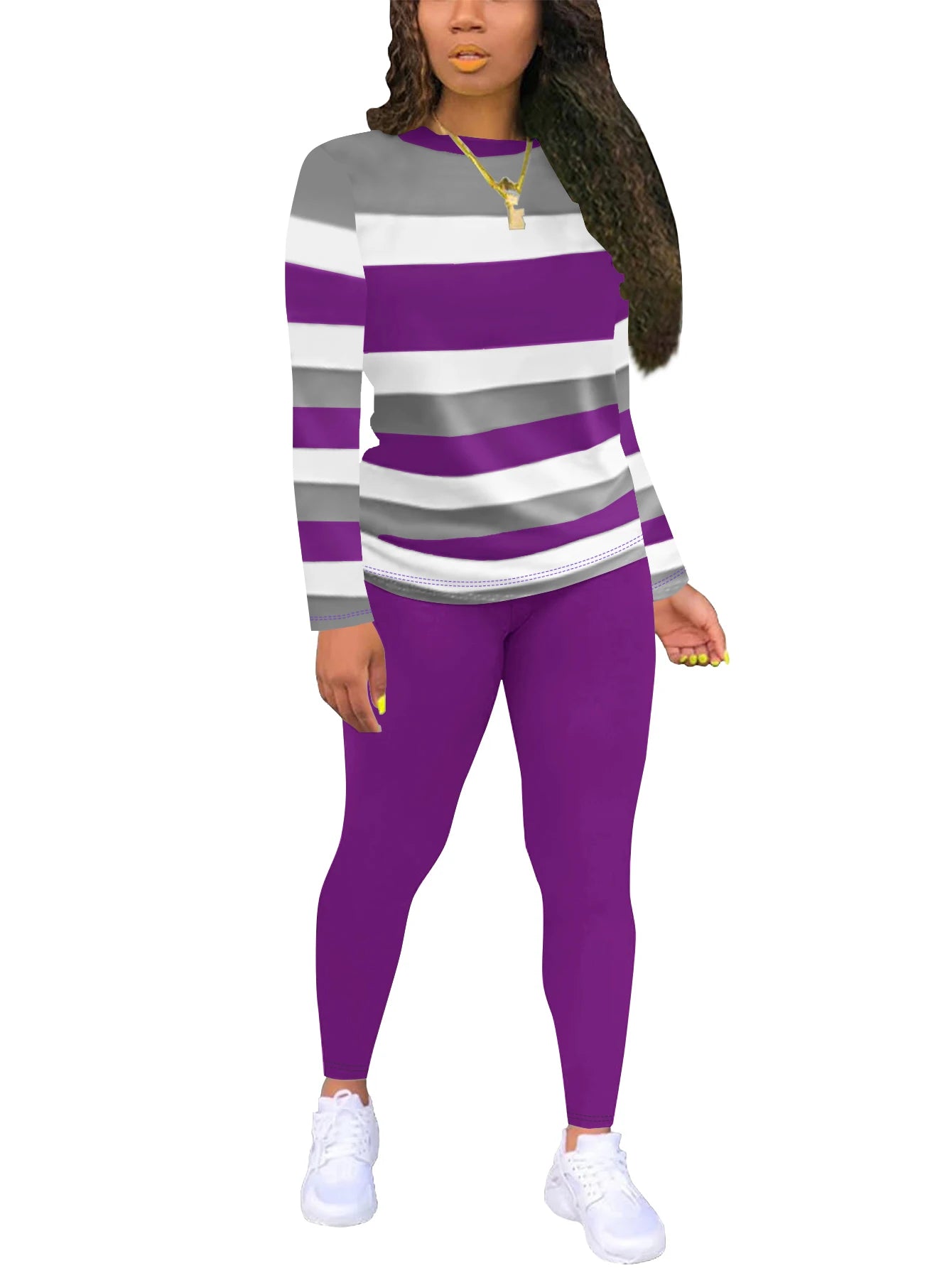 Autumn and winter women's striped round neck long sleeved T-shirt long pants two-piece sports and leisure set